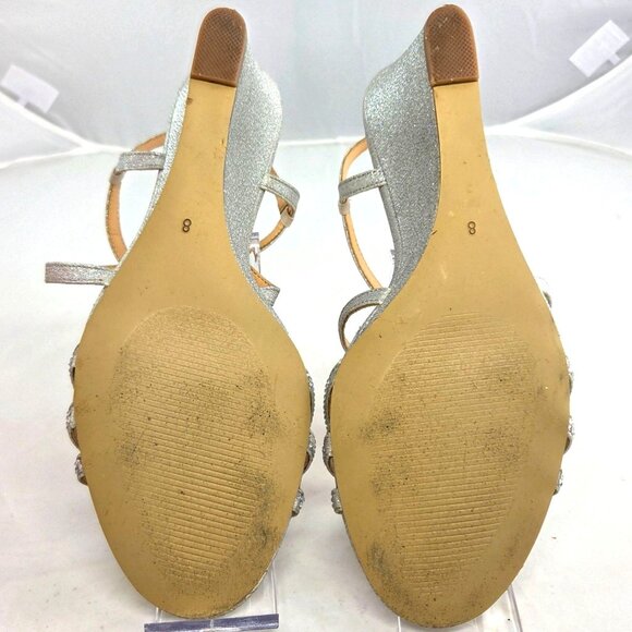 American Glamour by Badgley Mischka Silver Rhinestone Strappy Wedge Sandals 8 - Picture 7 of 8